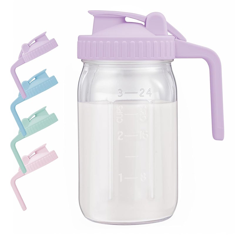 AoeJarry Breast Milk Pitcher with Leak Proof Flip Cap & Pour Spout, 32 oz Wide Mouth Mason Jars for Breast Milk Storage Container, Glass Picther with Lid for Cold Brew Coffee, Sun Tea, Juices, Purple - Image 1